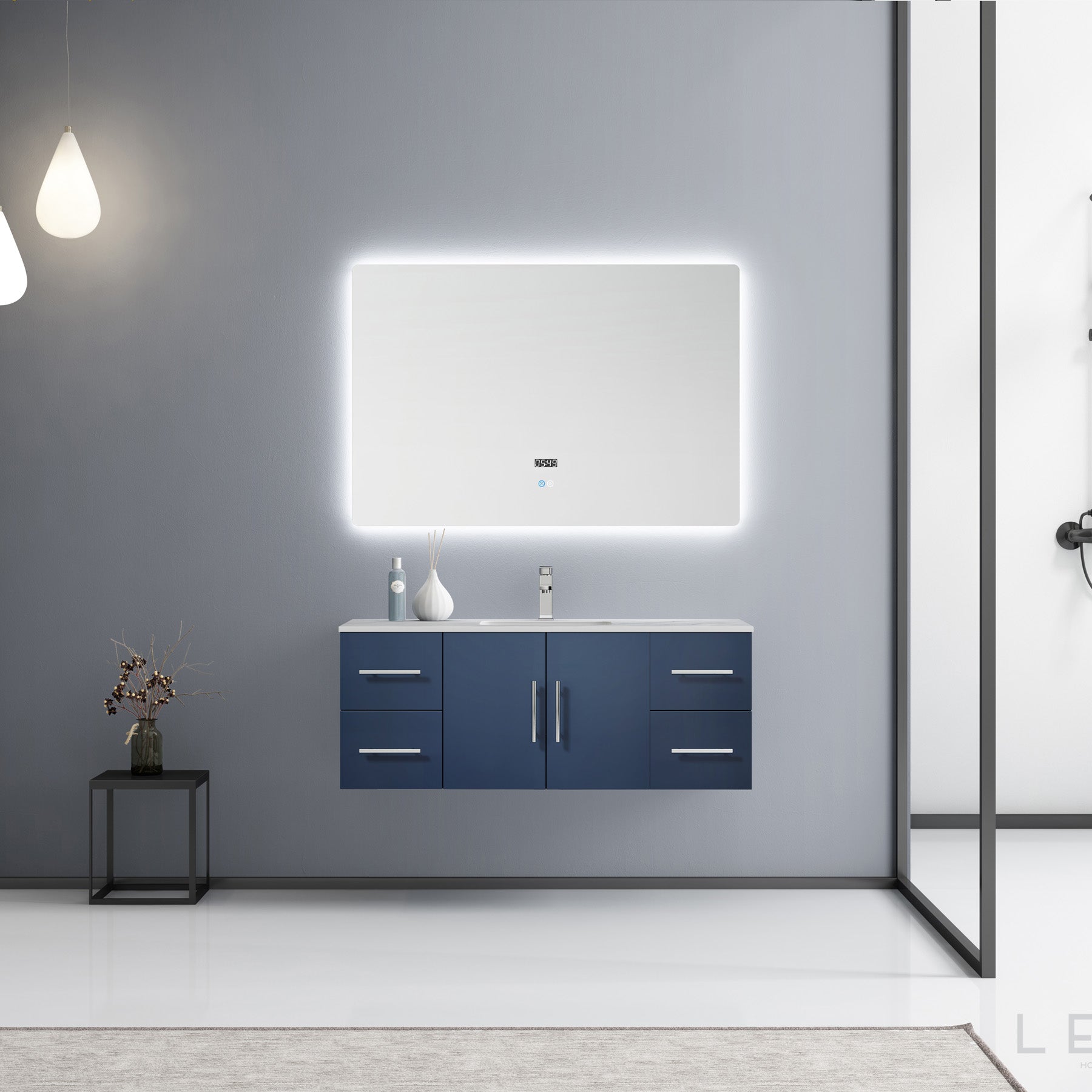 Geneva 48" Navy Blue Single Vanity, White Carrara Marble Top, White Square Sink and 48" LED Mirror w/ Faucet