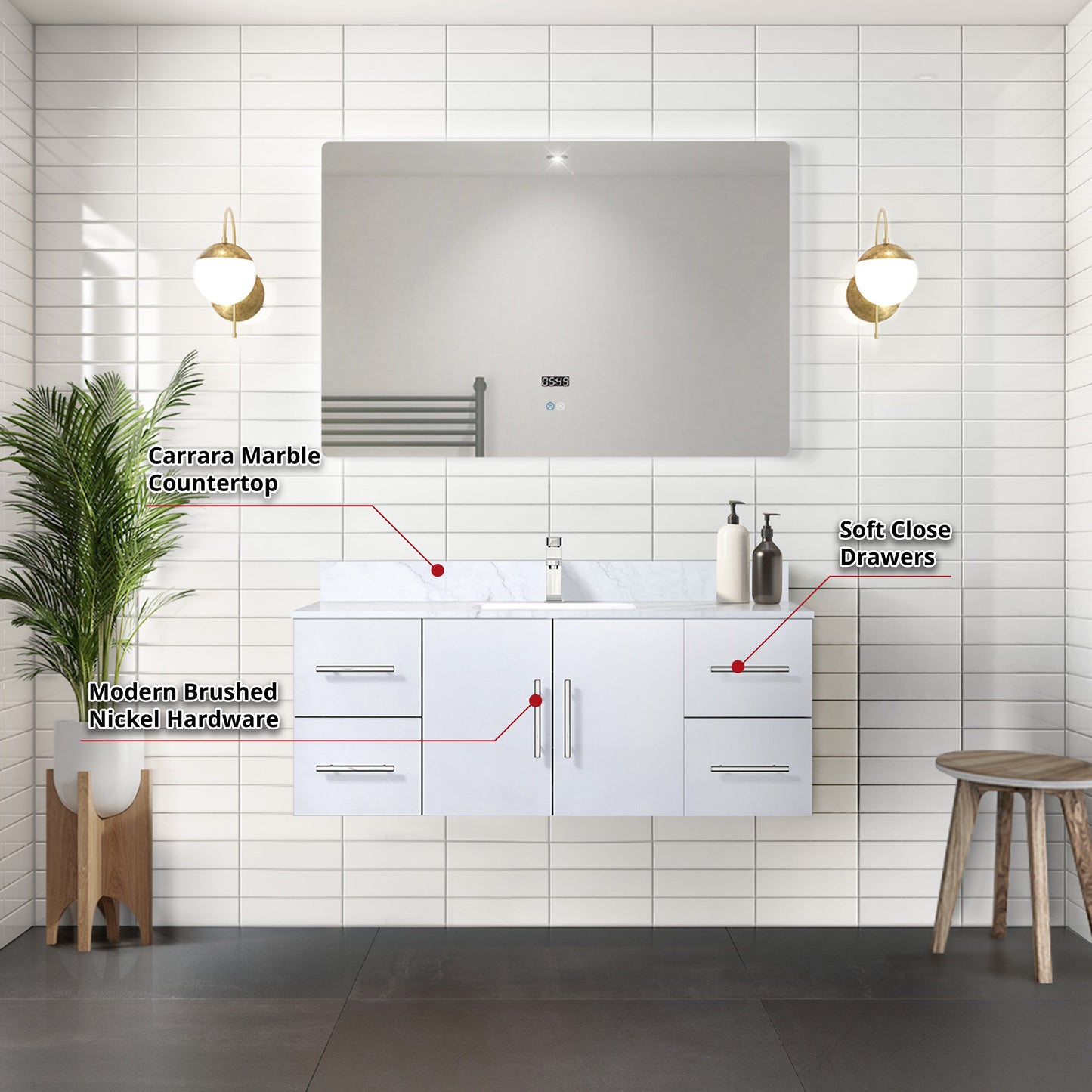 Geneva 48 in. Bathroom Floating Bathroom Vanity With Undermount Ceramic Sink With White Carrara Marble Top