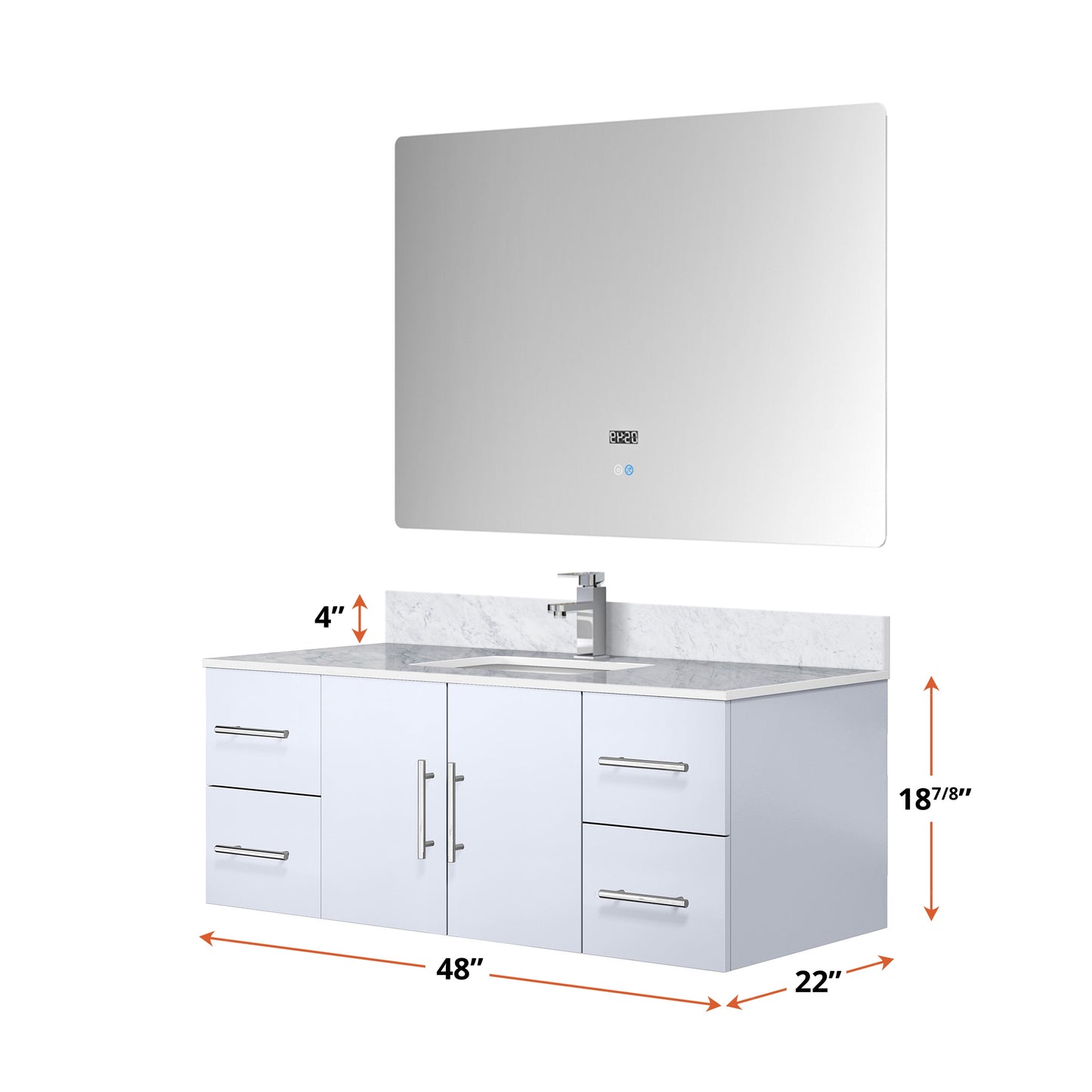 Geneva 48 in. Bathroom Floating Bathroom Vanity With Undermount Ceramic Sink With White Carrara Marble Top