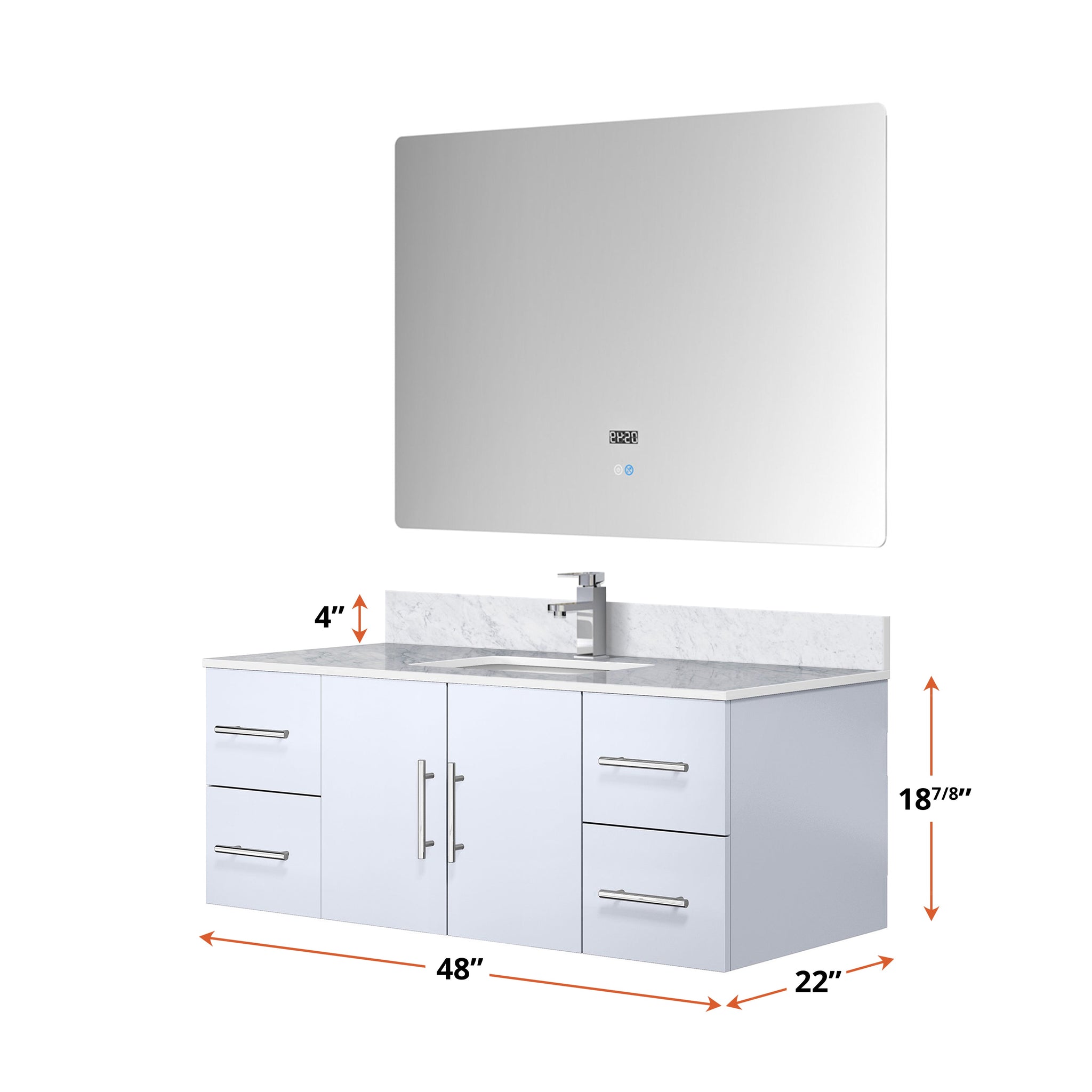 Geneva 48 in. Bathroom Floating Bathroom Vanity With Undermount Ceramic Sink With White Carrara Marble Top