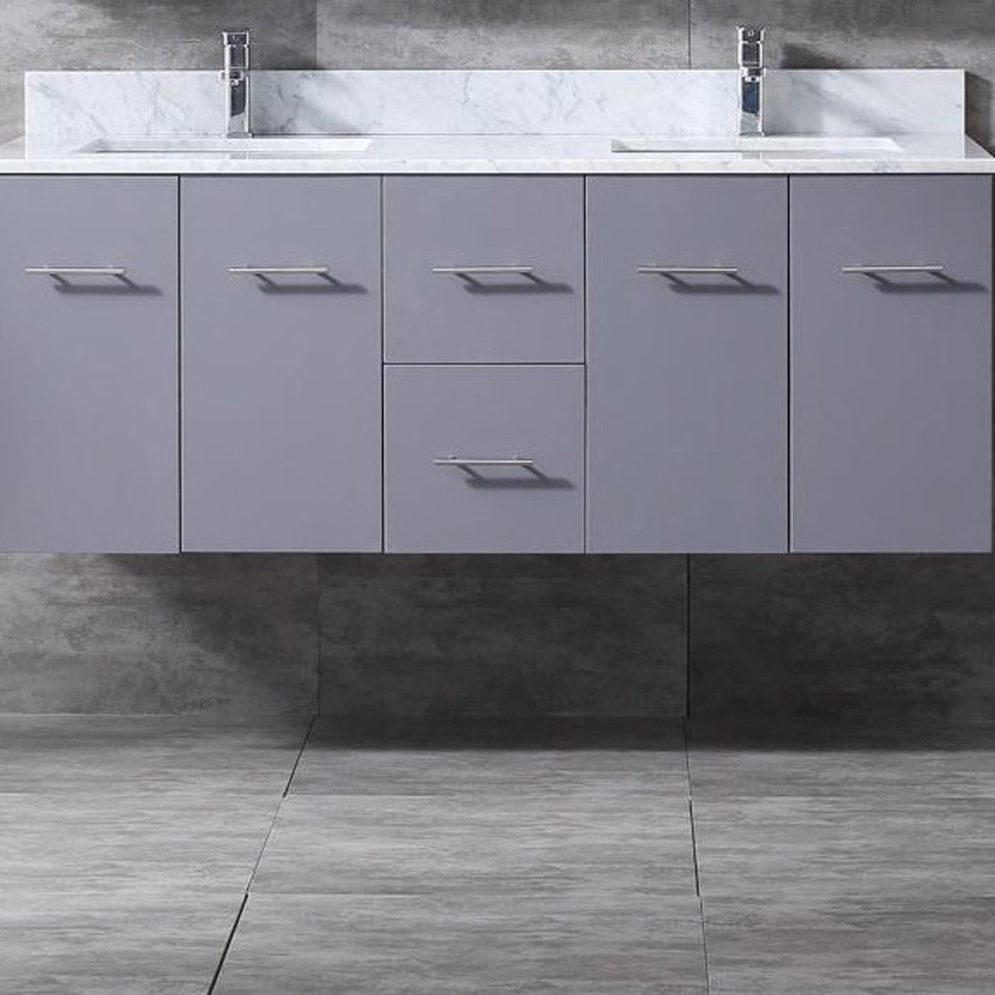 Geneva 60" Dark Grey Double Vanity, White Carrara Marble Top, White Square Sinks and 60" LED Mirror