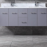 Geneva 60" Dark Grey Double Vanity, White Carrara Marble Top, White Square Sinks and 60" LED Mirror
