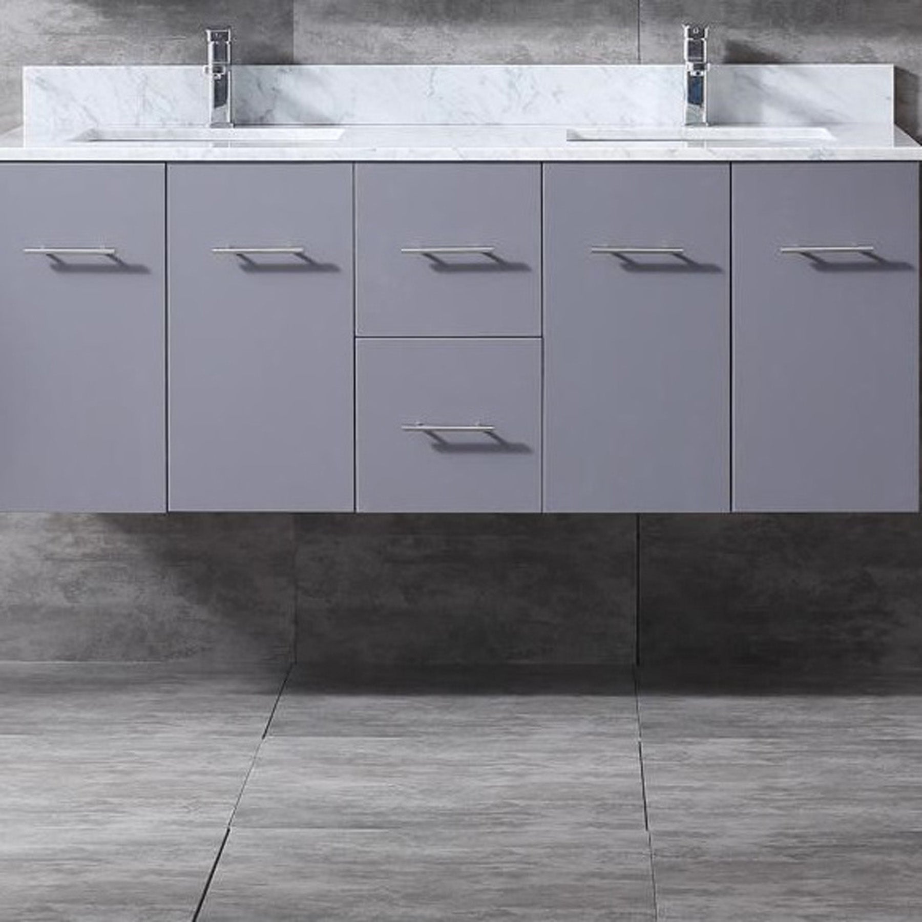 Geneva 60" Dark Grey Double Vanity, White Carrara Marble Top, White Square Sinks and 60" LED Mirror