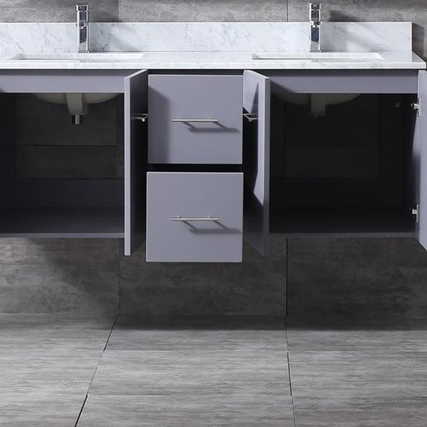 Geneva 60" Dark Grey Double Vanity, White Carrara Marble Top, White Square Sinks and 60" LED Mirror w/ Faucets
