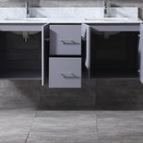 Geneva 60" Dark Grey Double Vanity, White Carrara Marble Top, White Square Sinks and 60" LED Mirror w/ Faucets