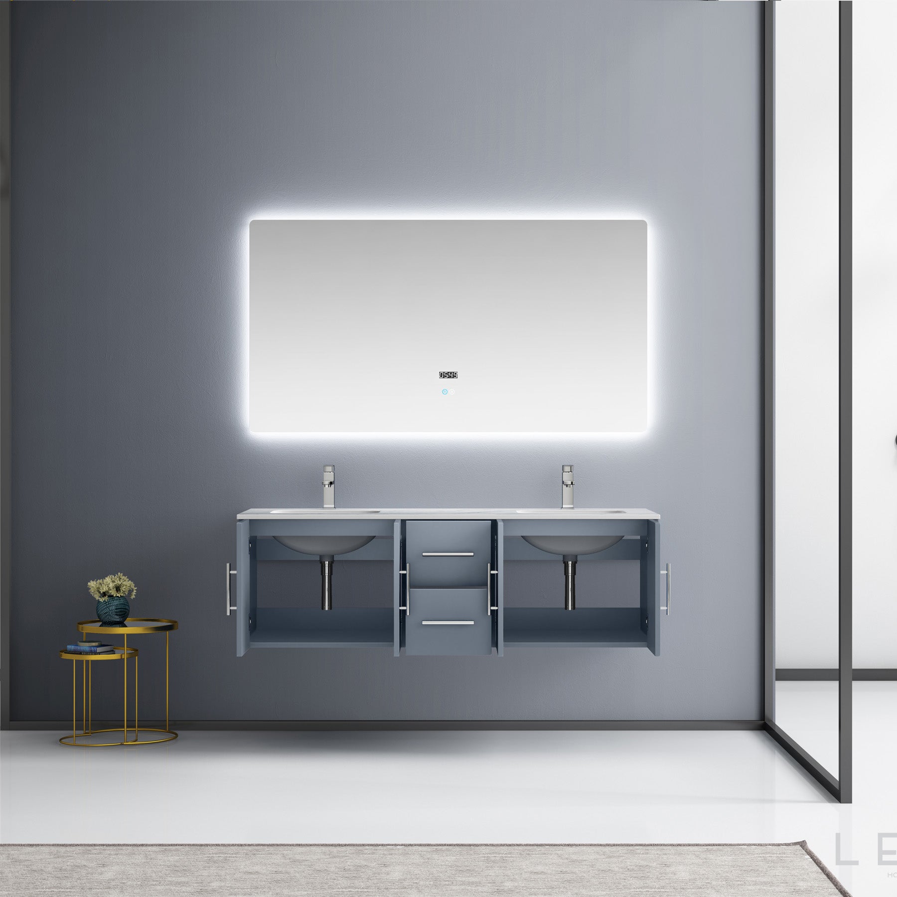 Geneva 60" Dark Grey Double Vanity, White Carrara Marble Top, White Square Sinks and 60" LED Mirror