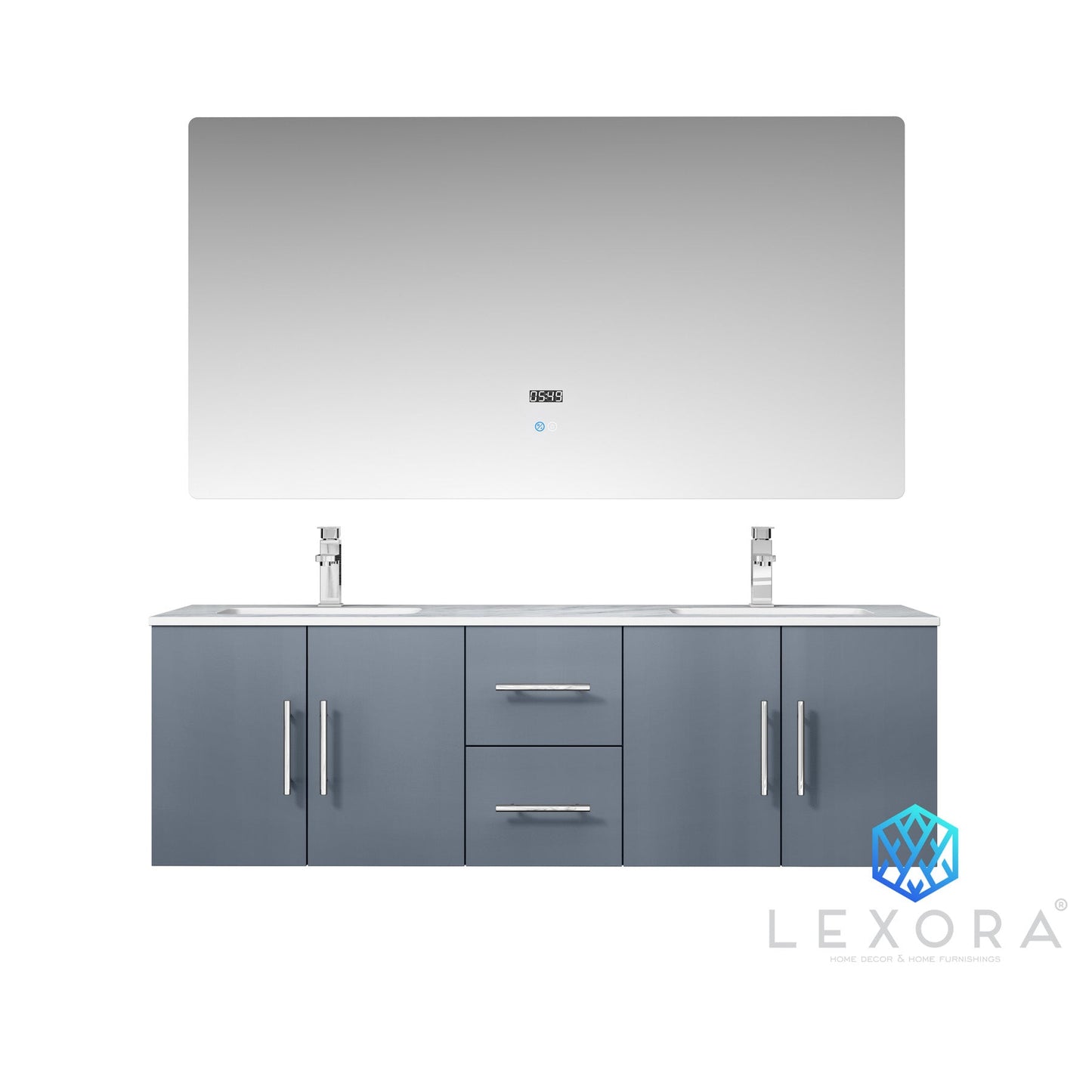 Geneva 60" Dark Grey Double Vanity, White Carrara Marble Top, White Square Sinks and 60" LED Mirror