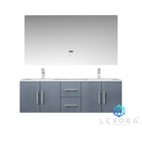 Geneva 60" Dark Grey Double Vanity, White Carrara Marble Top, White Square Sinks and 60" LED Mirror