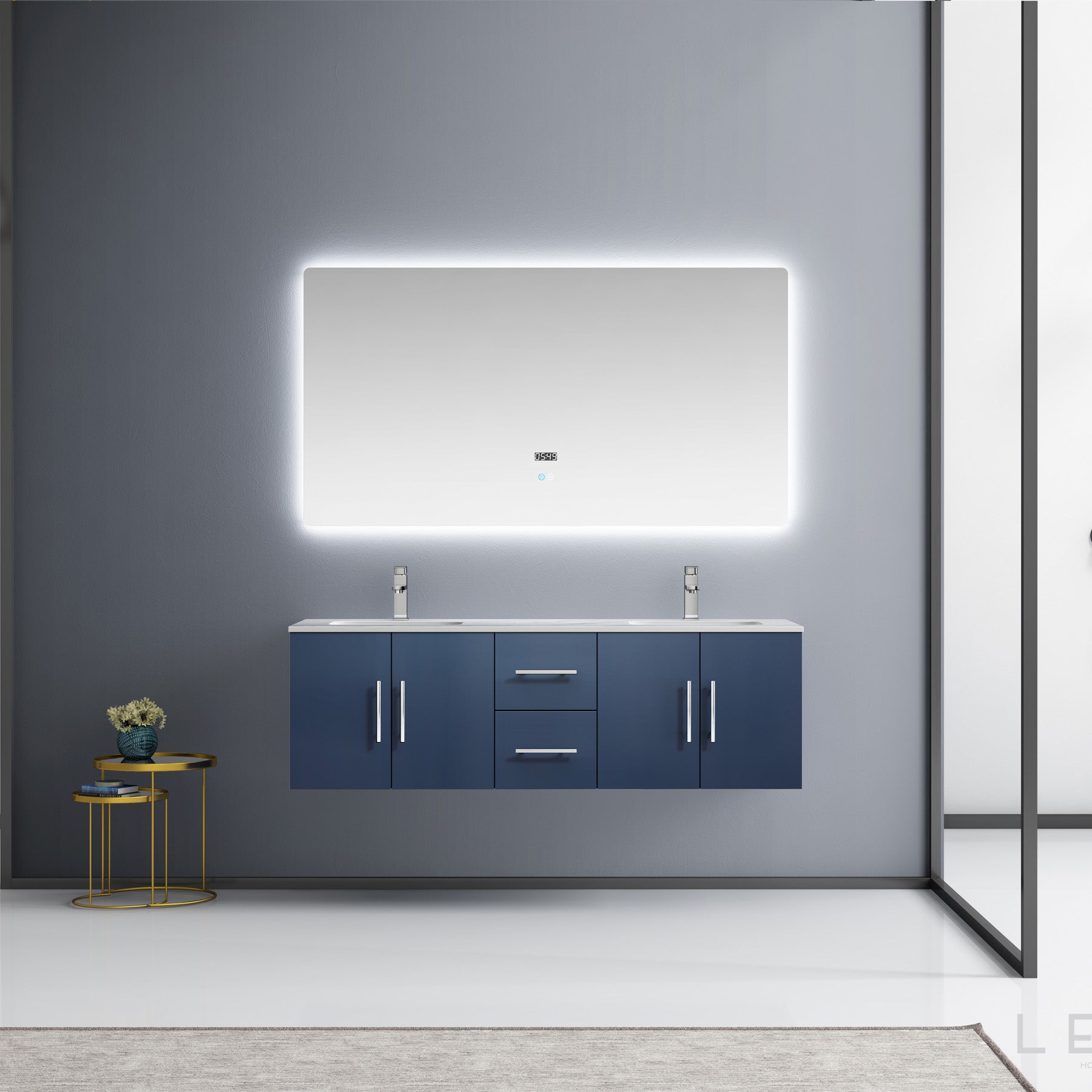 Geneva 60" Navy Blue Double Vanity, White Carrara Marble Top, White Square Sinks and 60" LED Mirror