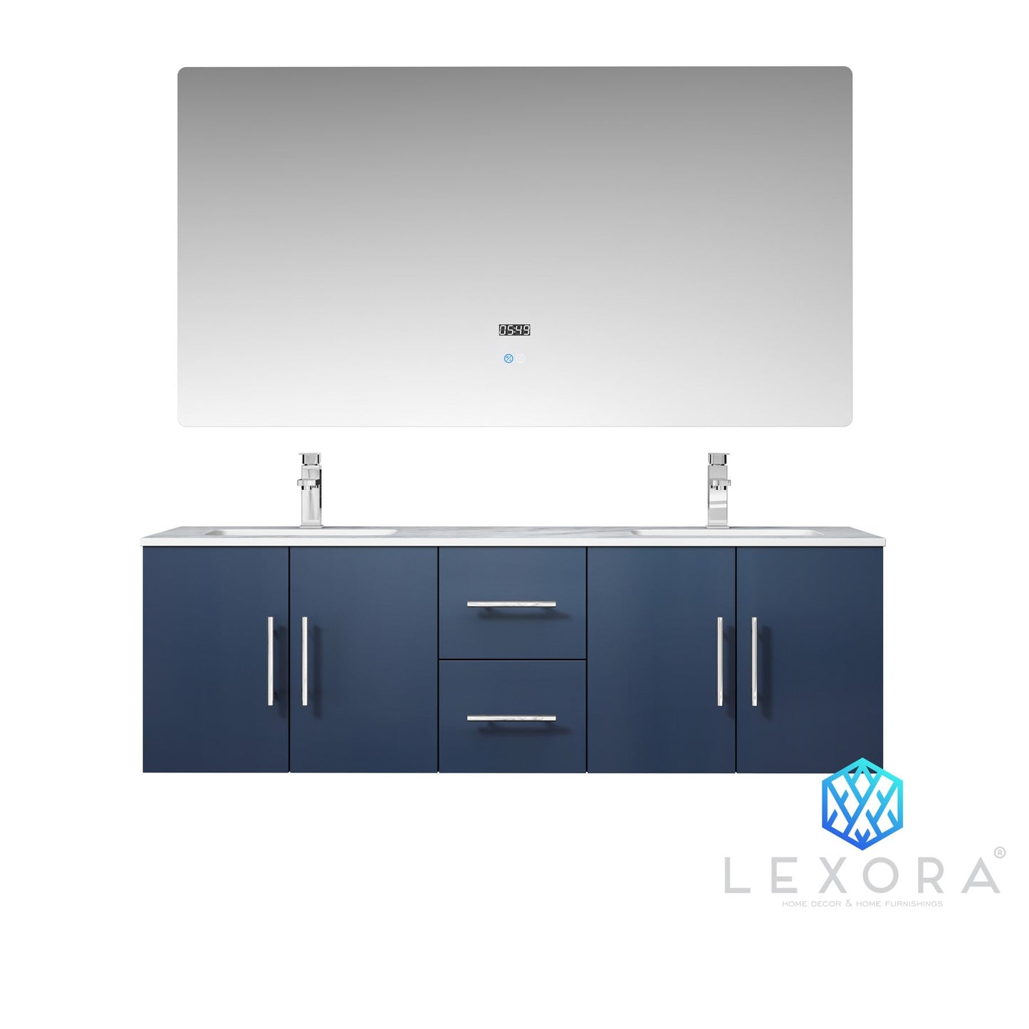 Geneva 60" Navy Blue Double Vanity, White Carrara Marble Top, White Square Sinks and 60" LED Mirror