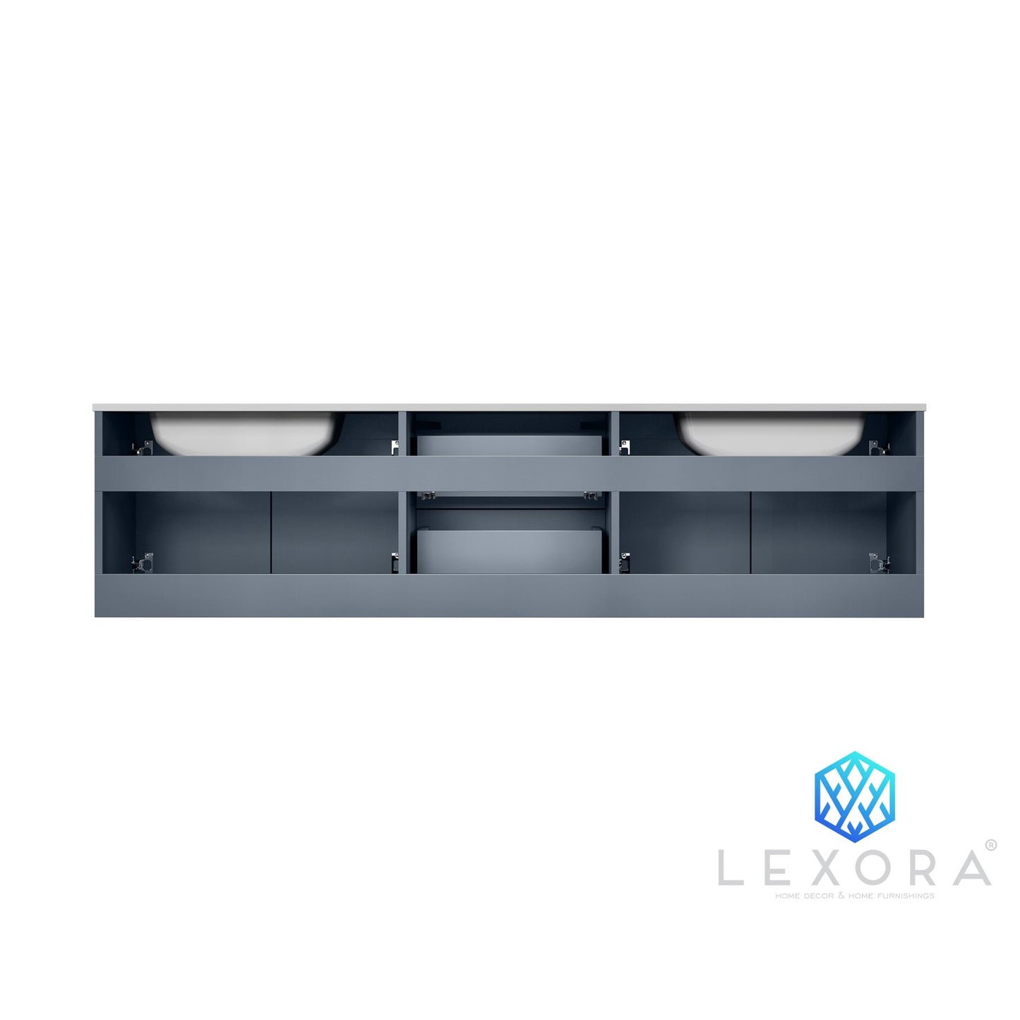Geneva 72" Dark Grey Double Vanity, White Carrara Marble Top, White Square Sinks and 30" LED Mirrors w/ Faucets