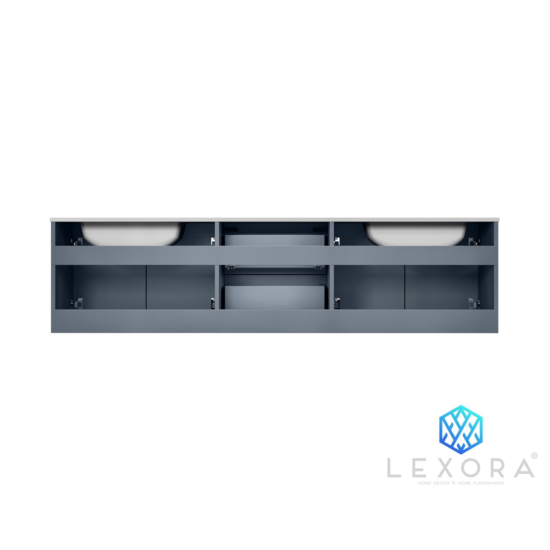 Geneva 72" Dark Grey Double Vanity, White Carrara Marble Top, White Square Sinks and 30" LED Mirrors w/ Faucets
