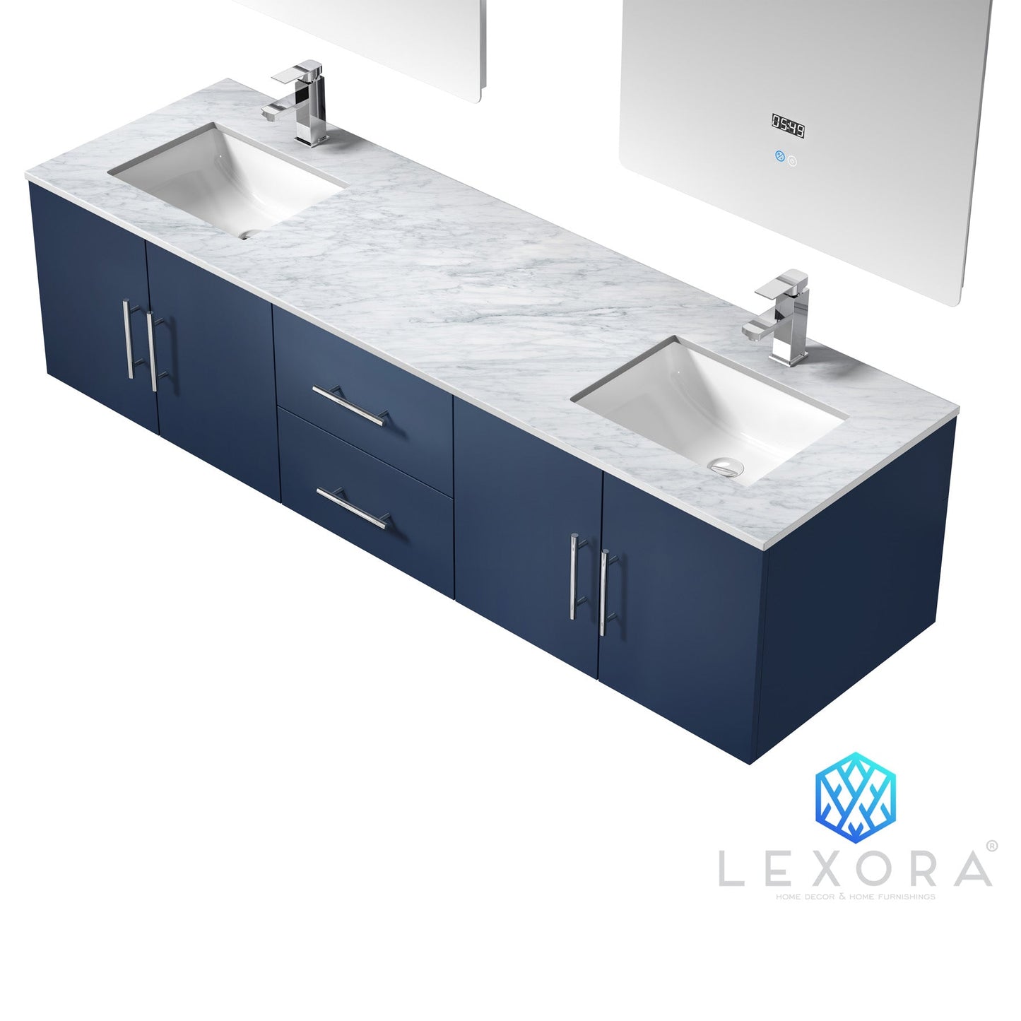 Geneva 72" Navy Blue Double Vanity, White Carrara Marble Top, White Square Sinks and 30" LED Mirrors w/ Faucets