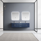 Geneva 72" Navy Blue Double Vanity, White Carrara Marble Top, White Square Sinks and 30" LED Mirrors w/ Faucets
