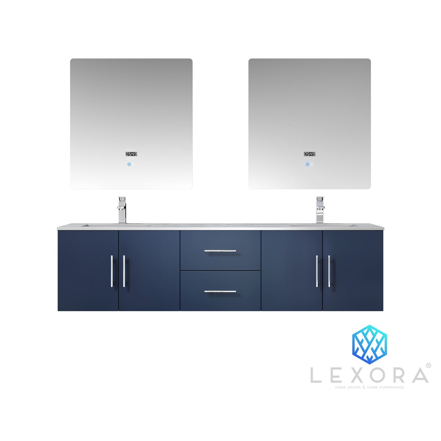 Geneva 72" Navy Blue Double Vanity, White Carrara Marble Top, White Square Sinks and 30" LED Mirrors w/ Faucets