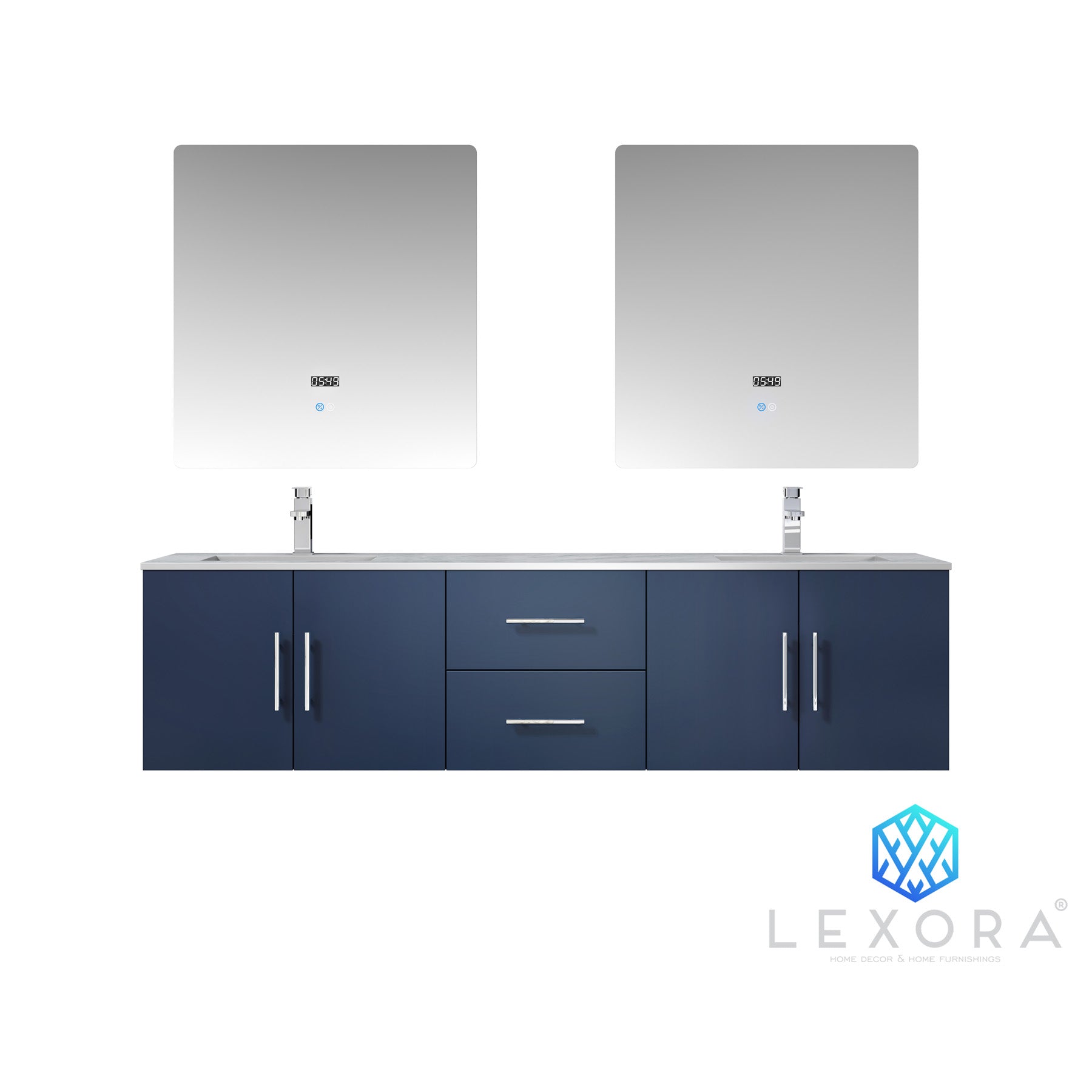 Geneva 72" Navy Blue Double Vanity, White Carrara Marble Top, White Square Sinks and 30" LED Mirrors w/ Faucets