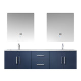Geneva 72" Navy Blue Double Vanity, White Carrara Marble Top, White Square Sinks and 30" LED Mirrors w/ Faucets