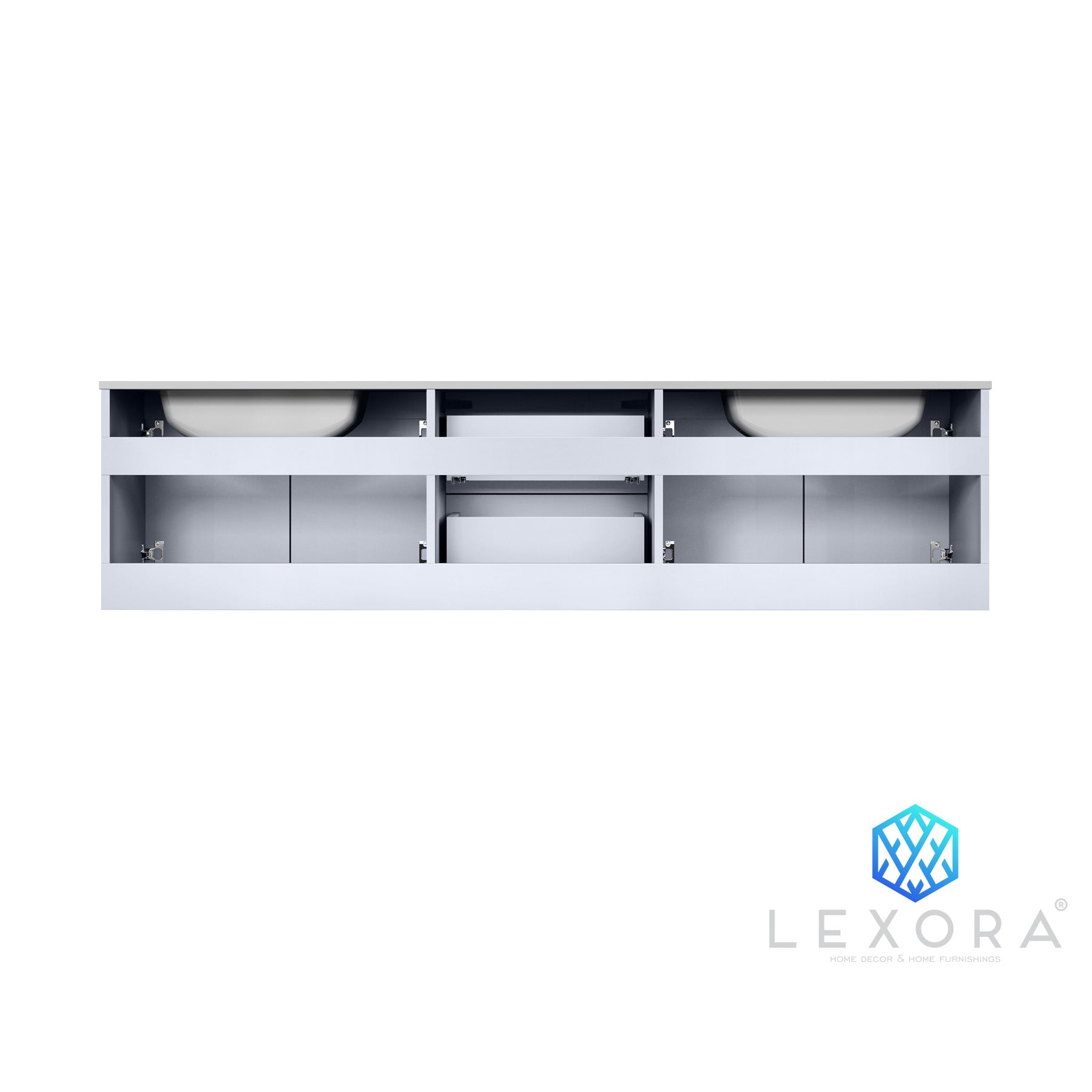 Geneva 72" Glossy White Double Vanity, White Carrara Marble Top, White Square Sinks and 30" LED Mirrors w/ Faucets