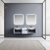 Geneva 72" Glossy White Double Vanity, White Carrara Marble Top, White Square Sinks and 30" LED Mirrors w/ Faucets