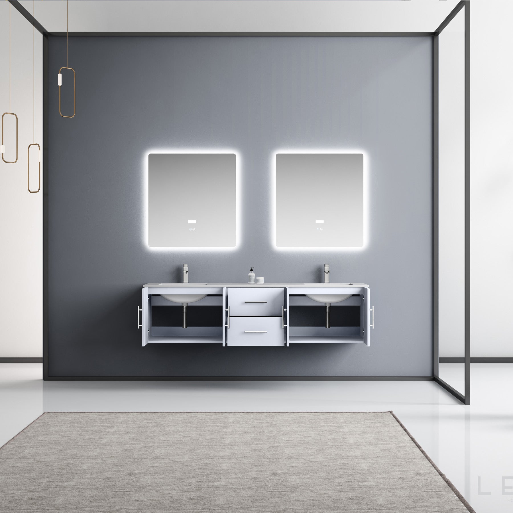 Geneva 72" Glossy White Double Vanity, White Carrara Marble Top, White Square Sinks and 30" LED Mirrors w/ Faucets