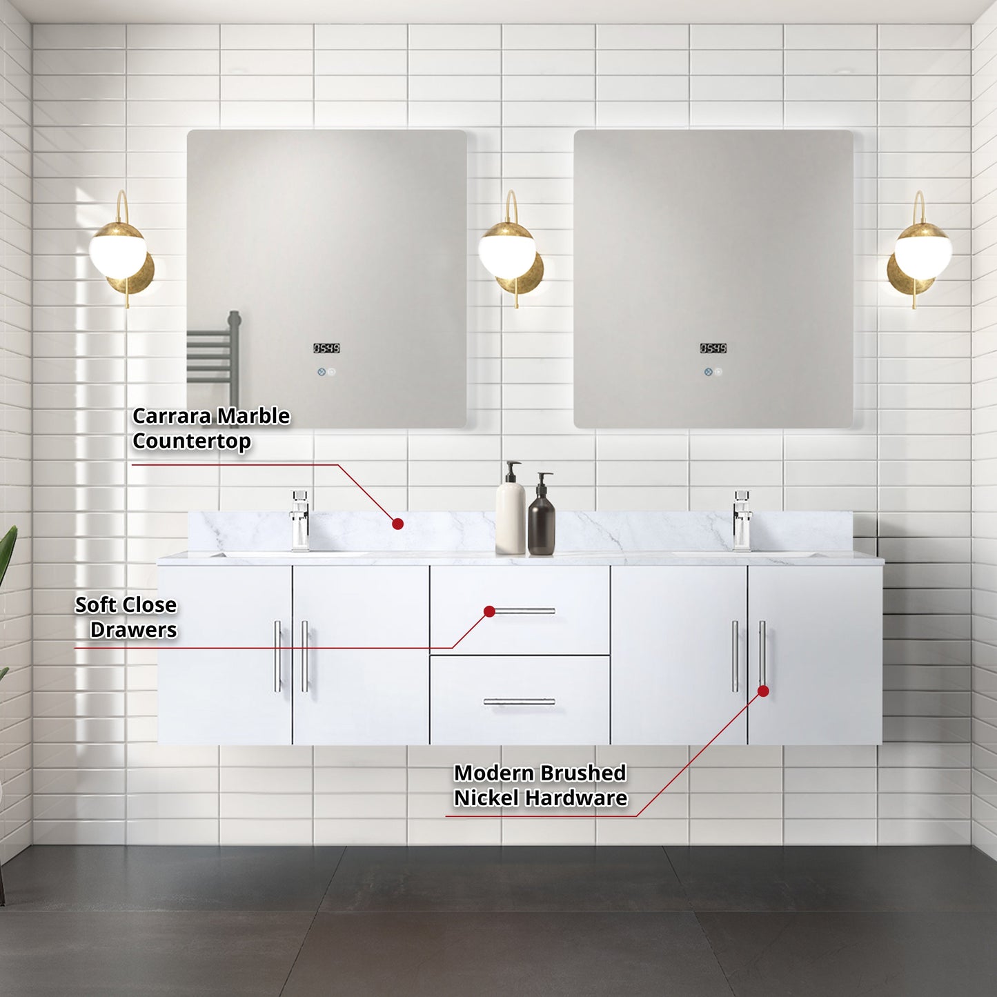 Geneva 72 in. Bathroom Floating Bathroom Vanity With Undermount Ceramic Sink With White Carrara Marble Top