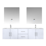 Geneva 72" Glossy White Double Vanity, White Carrara Marble Top, White Square Sinks and 30" LED Mirrors w/ Faucets