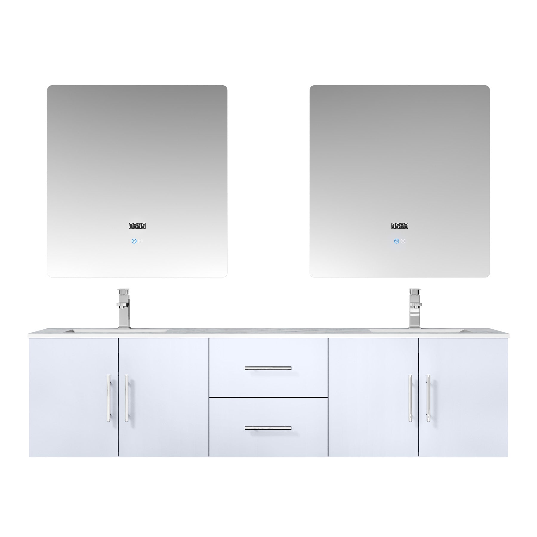 Geneva 72" Glossy White Double Vanity, White Carrara Marble Top, White Square Sinks and 30" LED Mirrors w/ Faucets