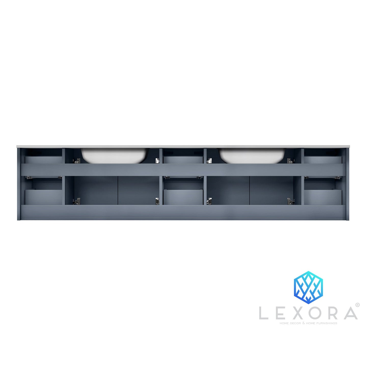 Geneva 84" Dark Grey Double Vanity, White Carrara Marble Top, White Square Sinks and 36" LED Mirrors w/ Faucets