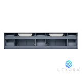 Geneva 84" Dark Grey Double Vanity, White Carrara Marble Top, White Square Sinks and 36" LED Mirrors w/ Faucets