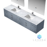 Geneva 84" Dark Grey Double Vanity, White Carrara Marble Top, White Square Sinks and 36" LED Mirrors w/ Faucets