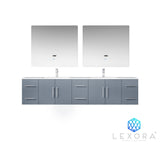 Geneva 84" Dark Grey Double Vanity, White Carrara Marble Top, White Square Sinks and 36" LED Mirrors w/ Faucets