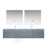 Geneva 84" Dark Grey Double Vanity, White Carrara Marble Top, White Square Sinks and 36" LED Mirrors w/ Faucets