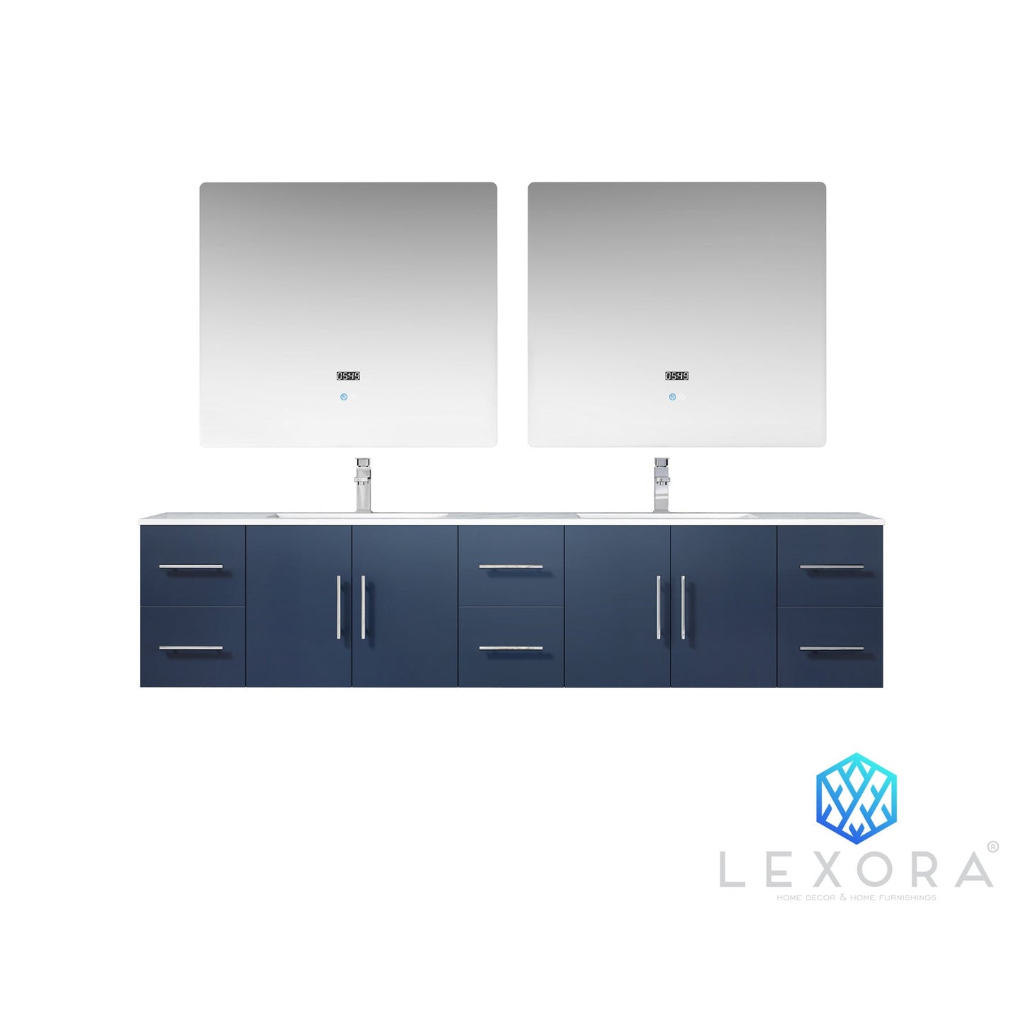 Geneva 84" Navy Blue Double Vanity, White Carrara Marble Top, White Square Sinks and 36" LED Mirrors w/ Faucets