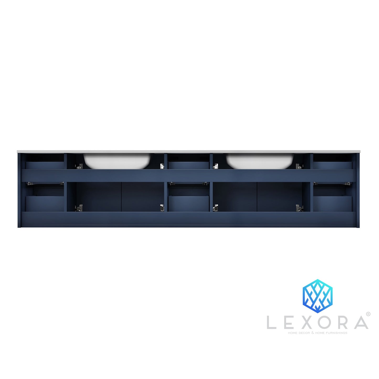 Geneva 84" Navy Blue Double Vanity, White Carrara Marble Top, White Square Sinks and 36" LED Mirrors