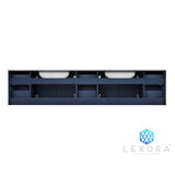 Geneva 84" Navy Blue Double Vanity, White Carrara Marble Top, White Square Sinks and 36" LED Mirrors
