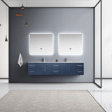 Geneva 84" Navy Blue Double Vanity, White Carrara Marble Top, White Square Sinks and 36" LED Mirrors w/ Faucets