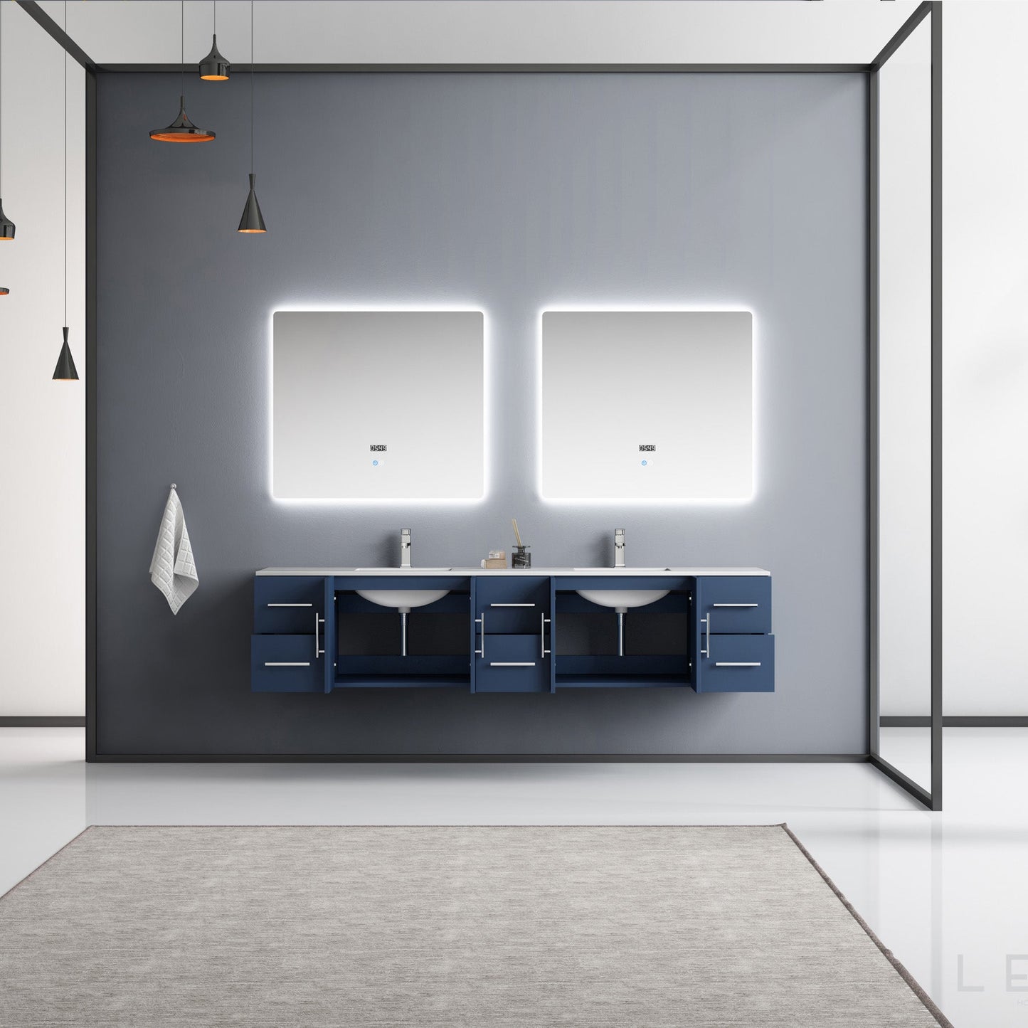 Geneva 84" Navy Blue Double Vanity, White Carrara Marble Top, White Square Sinks and 36" LED Mirrors