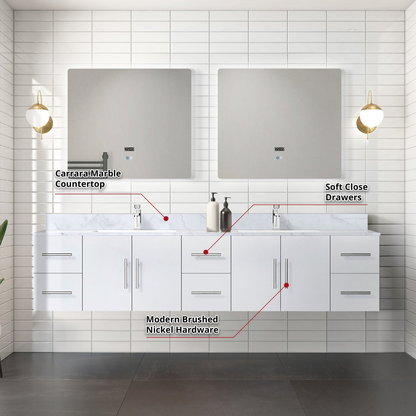 Geneva 84 in. Bathroom Floating Bathroom Vanity With Undermount Ceramic Sink With White Carrara Marble Top