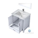 Jacques 30" White Single Vanity, White Carrara Marble Top, White Square Sink and 28" Mirror