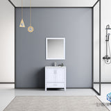 Jacques 30" White Single Vanity, White Carrara Marble Top, White Square Sink and 28" Mirror