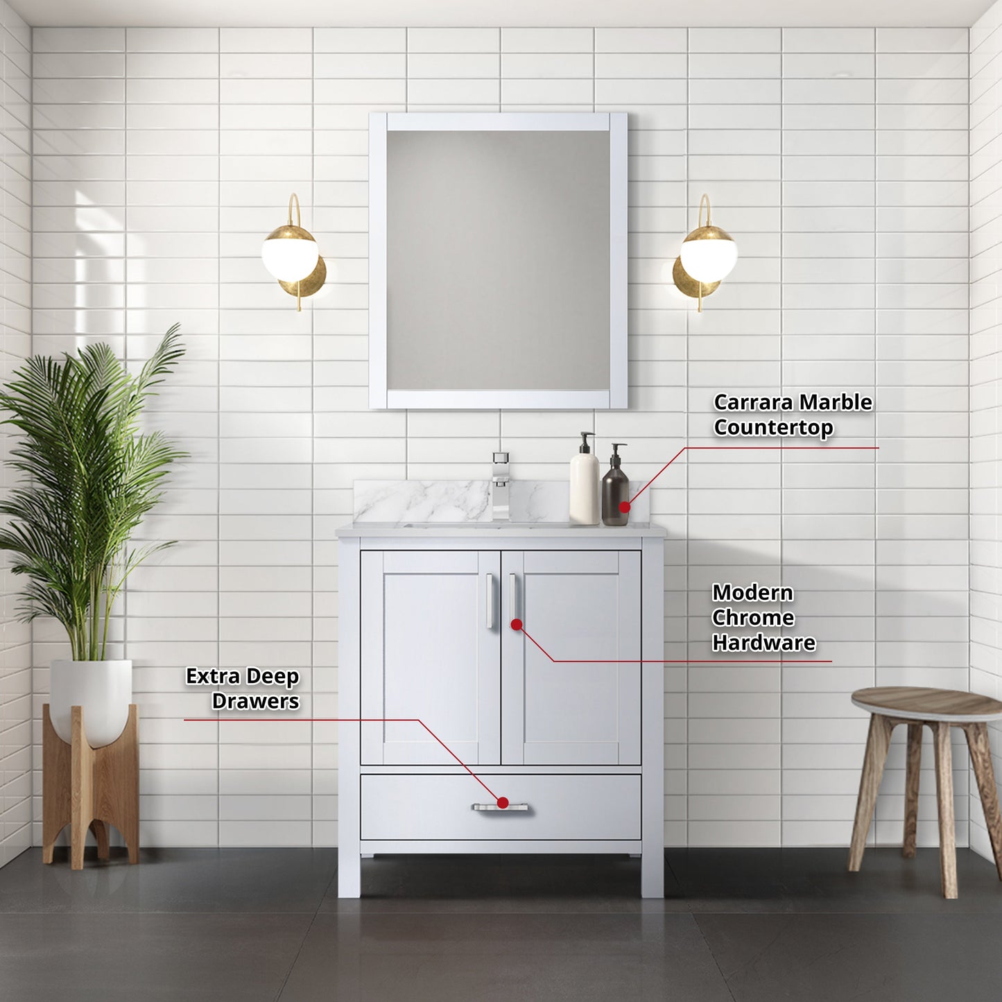 Jacques 30 in. Bathroom Freestanding Bathroom Vanity With Undermount Ceramic Sink, White Carrara Marble