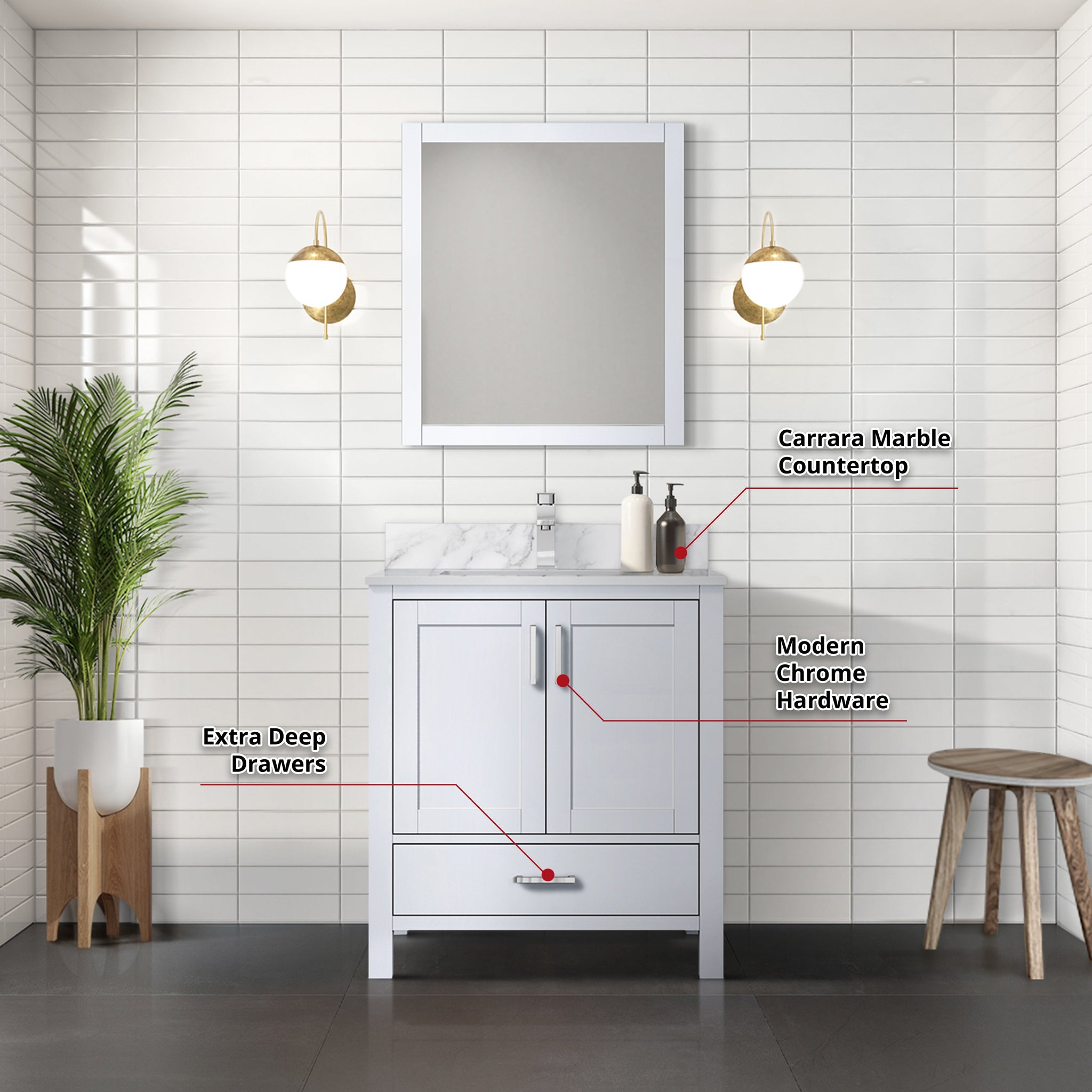 Jacques 30 in. Bathroom Freestanding Bathroom Vanity With Undermount Ceramic Sink, White Carrara Marble
