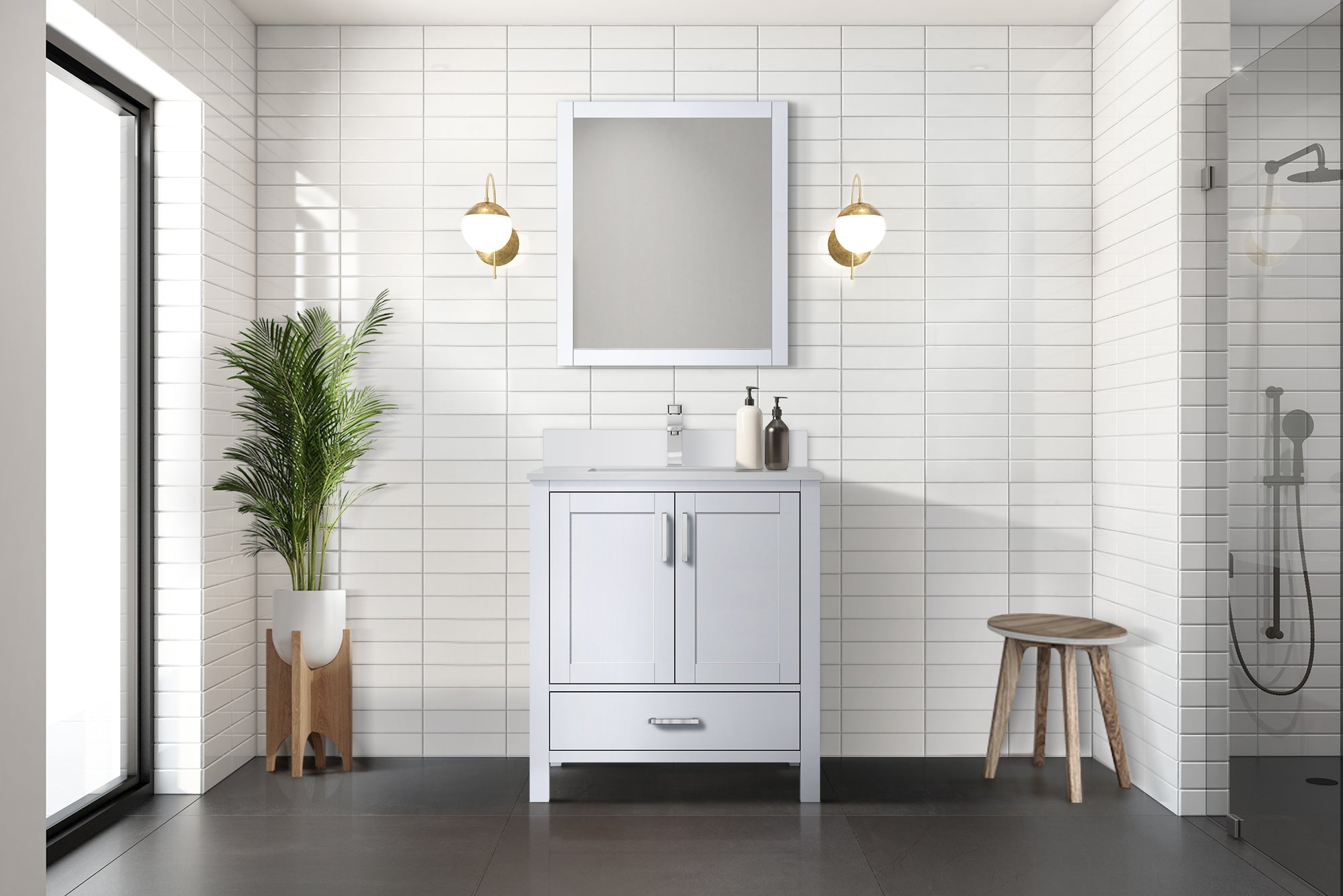 Jacques 30" White Single Vanity, White Quartz Top, White Square Sink and 28" Mirror w/ Faucet