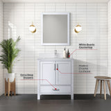 Jacques 30" White Single Vanity, White Quartz Top, White Square Sink and 28" Mirror w/ Faucet