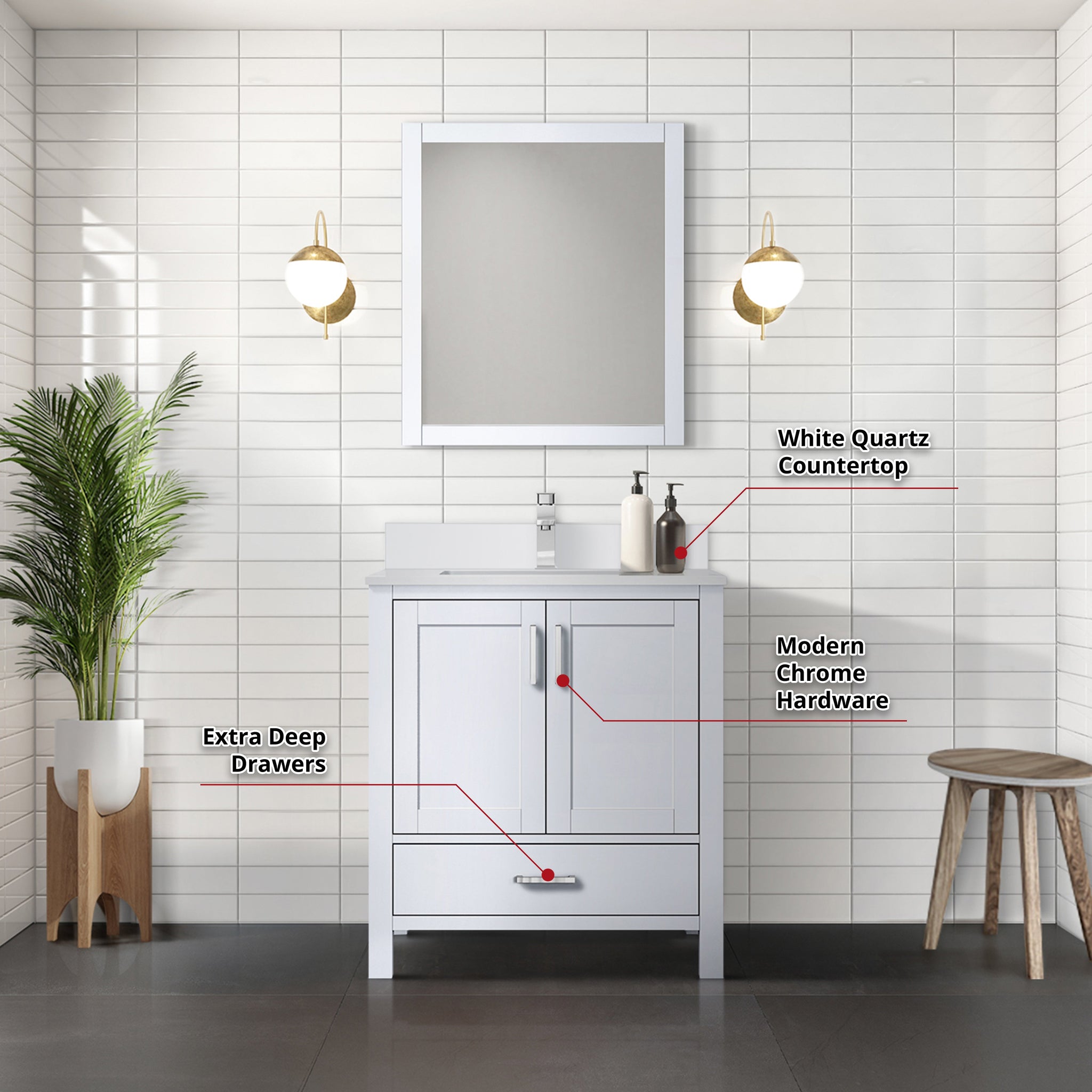Jacques 30" White Single Vanity, White Quartz Top, White Square Sink and 28" Mirror w/ Faucet