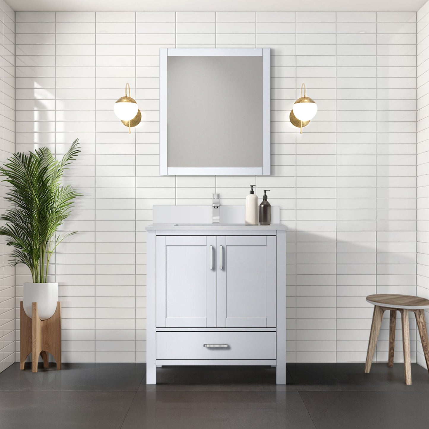 Jacques 30" White Single Vanity, White Quartz Top, White Square Sink and 28" Mirror w/ Faucet