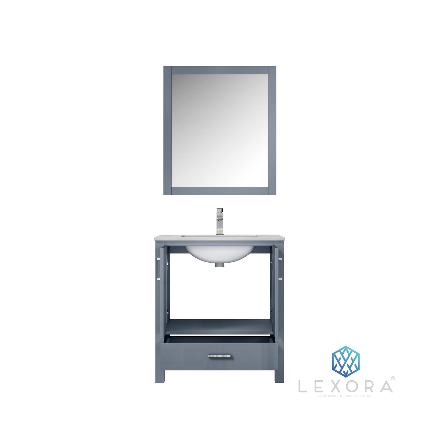 Jacques 30" Dark Grey Single Vanity, White Carrara Marble Top, White Square Sink and 28" Mirror w/ Faucet