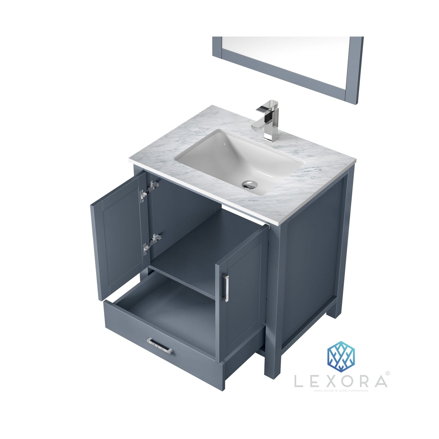 Jacques 30" Dark Grey Single Vanity, White Carrara Marble Top, White Square Sink and 28" Mirror w/ Faucet