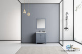 Jacques 30" Dark Grey Single Vanity, White Carrara Marble Top, White Square Sink and 28" Mirror w/ Faucet