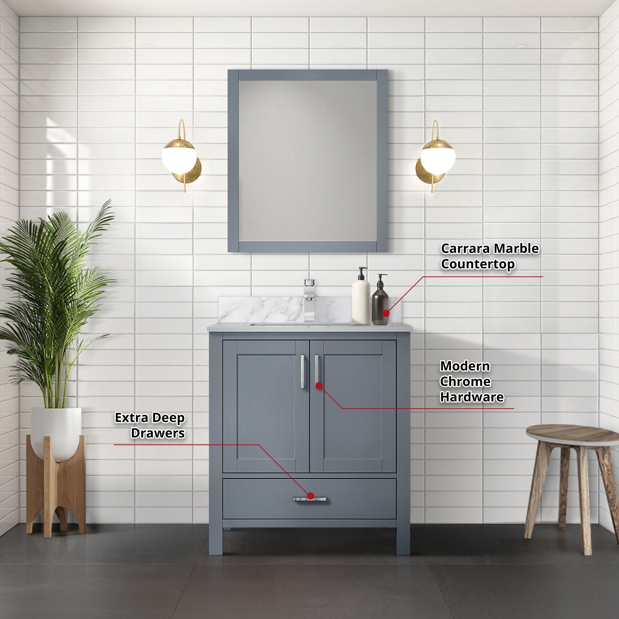 Jacques 30 in. Bathroom Freestanding Bathroom Vanity With Undermount Ceramic Sink, White Carrara Marble